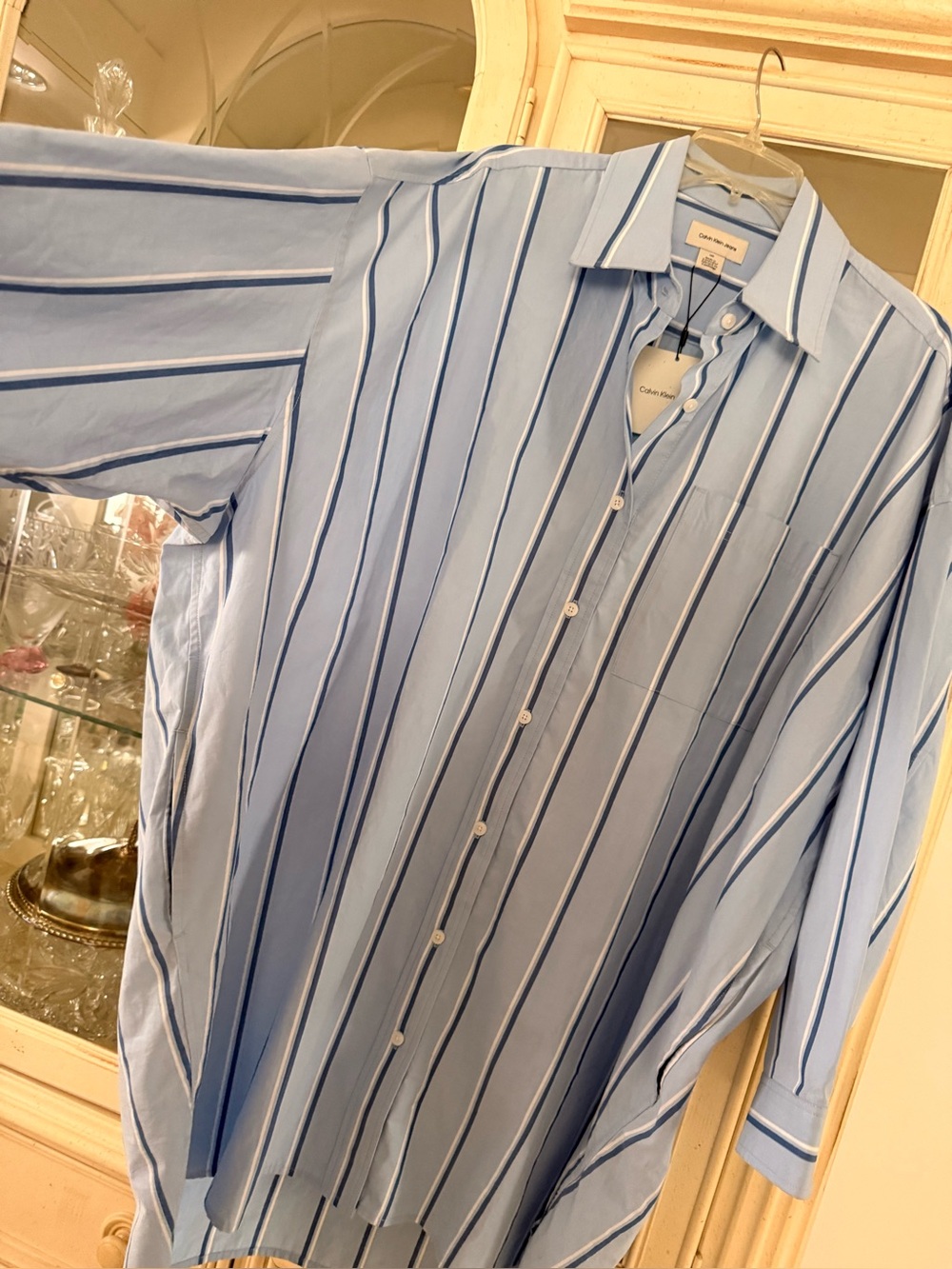 New 💙Calvin Klein Light Blue and Navy Striped Shirt Dress size L - Picture 9 of 14